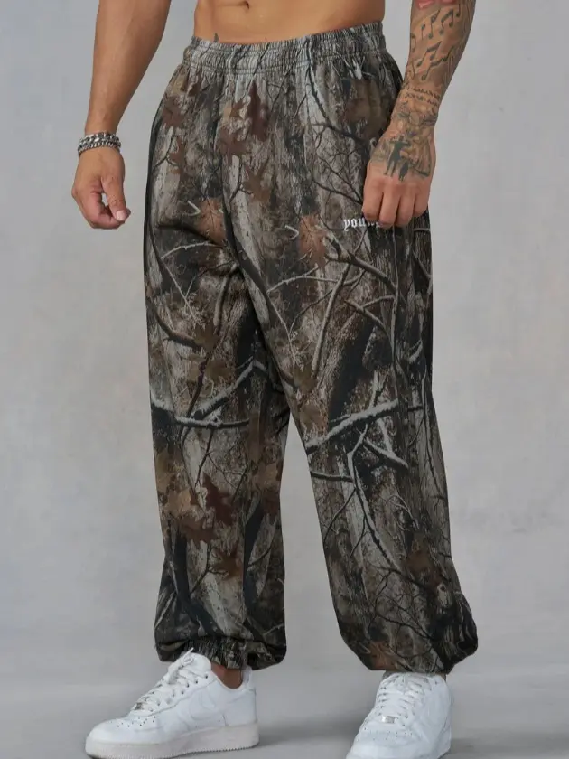 YOUNGLA Tree Camo Baggy Joggers, Woodland Print Sweatpants, Relaxed Fit Athletic Pants, Outdoor Streetwear Trousers for Men
