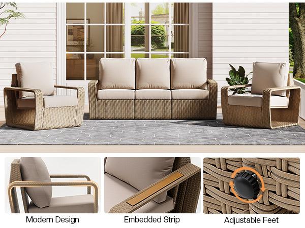 AMERLIFE Modern Large Patio Furniture Sets, PE Rattan Patio Couch and 2 Wicker Chairs with Irregular Design, Outdoor Furniture Sets for Backyard, Patio, Garden/Best Gift Ideas/Christmas Gifts