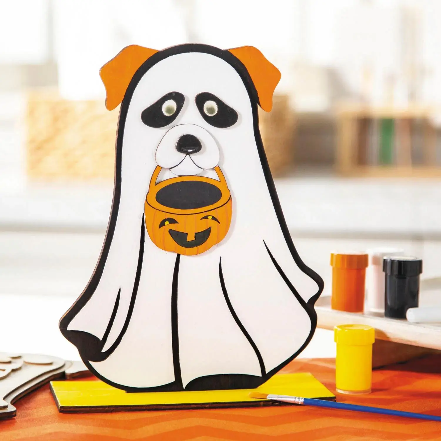 DIY Ghost Dog Wood Tabletop Decor with Paints Craft Kit, 8" x 10 1/2"