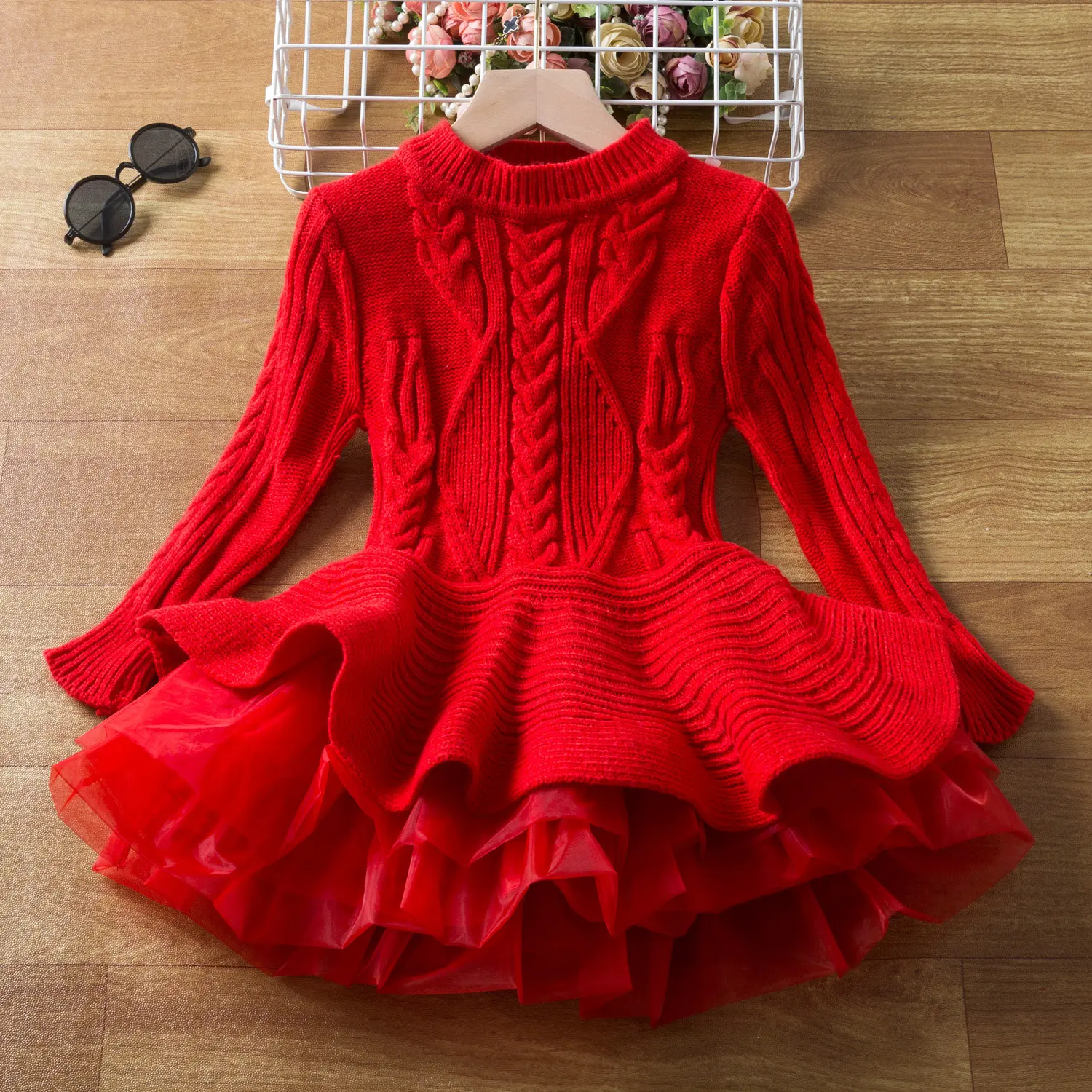 2026  Girls' Tiered Lace Dress, Long Sleeve Knit, Slim Fit & Flare Silhouette, All-Season Polyester Party Birthday, Crew Neck Solid Color Mini Dress with Slight Stretch