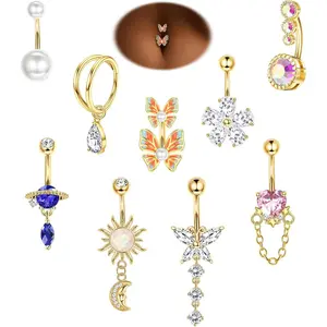 9 count 14G Belly Button Rings for Women Surgical Stainless Steel Belly Rings Cute Navel Rings Butterfly Flower Heart Double Hoop Dangle Belly Button Ring Set Gold Belly Button Piercing Jewelry
