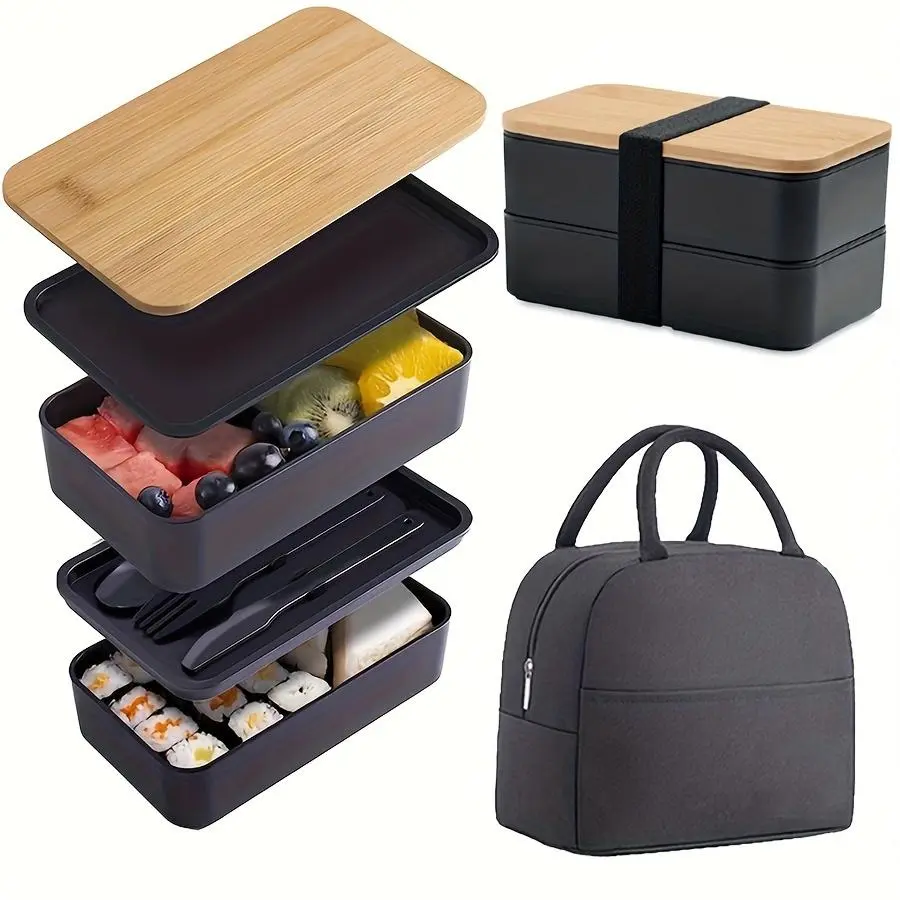 Bento Box Set, 1 Set Includes Bento Bag, Cutlery, and Bento Box, Insulated Bento Bag, Bento Box with Compartments, Suitable for Travel, Kitchen, Picnic