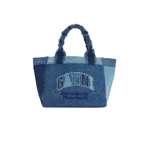 Ganni Medium Trapeze Shopper Denim Bag in Mid Blue Vintage