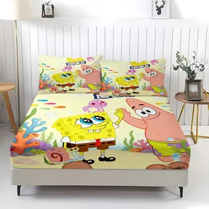 SpongeBob SquarePants Printed Pattern Bed Sheet, Comfortable Printed Pattern, Includes 1 Bed Sheet and 2 Pillowcases, Comfortable Bedding, Non slip Dust Cover Suitable for Bedroom and Guest Room, Suitable for Children and Adults as Gifts