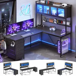 Sikaic 62 Inches LED Reversible L Shaped Gaming Desk With Power Outlet Storage Drawers Hutch and Pegboard Furniture Computer Chair Dual Monitor Stand