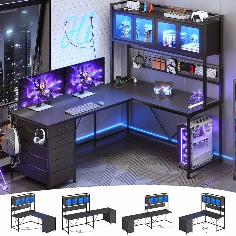 Sikaic 62 Inches LED Reversible L Shaped Gaming Desk With Power Outlet Storage Drawers Hutch and Pegboard Furniture Computer Chair Dual Monitor Stand