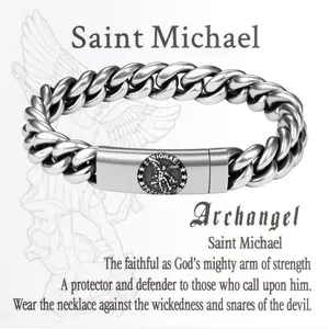Men's St Michael Bracelet: Essential Oil Diffuser Aromatherapy Stainless Steel Vintage Punk Cuban Biker Retro Link Wristband with Card