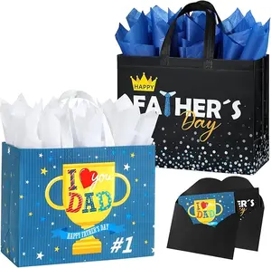 2 Pack Father's Day Gift Bags with 4 Tissue Paper 2 greeting cards 2 stickers 2 Envelop Reusable Non-Woven Gift Bags for Dad Grandpa & Men Medium Size Party Favor Bags Father's Day Gift Wrapping Bags, 13" x 10.2" x 6.3"