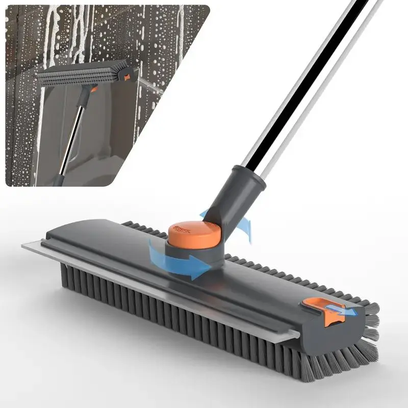 Scrub Brush with Long Handle, 3-in-1 Rotating Head & Squeegee | Stiff Dual-Sided Bristles for Shower, Bathroom, Kitchen and Patio, 30–50 In Handle for Easier Stand-up Cleaning, Gray