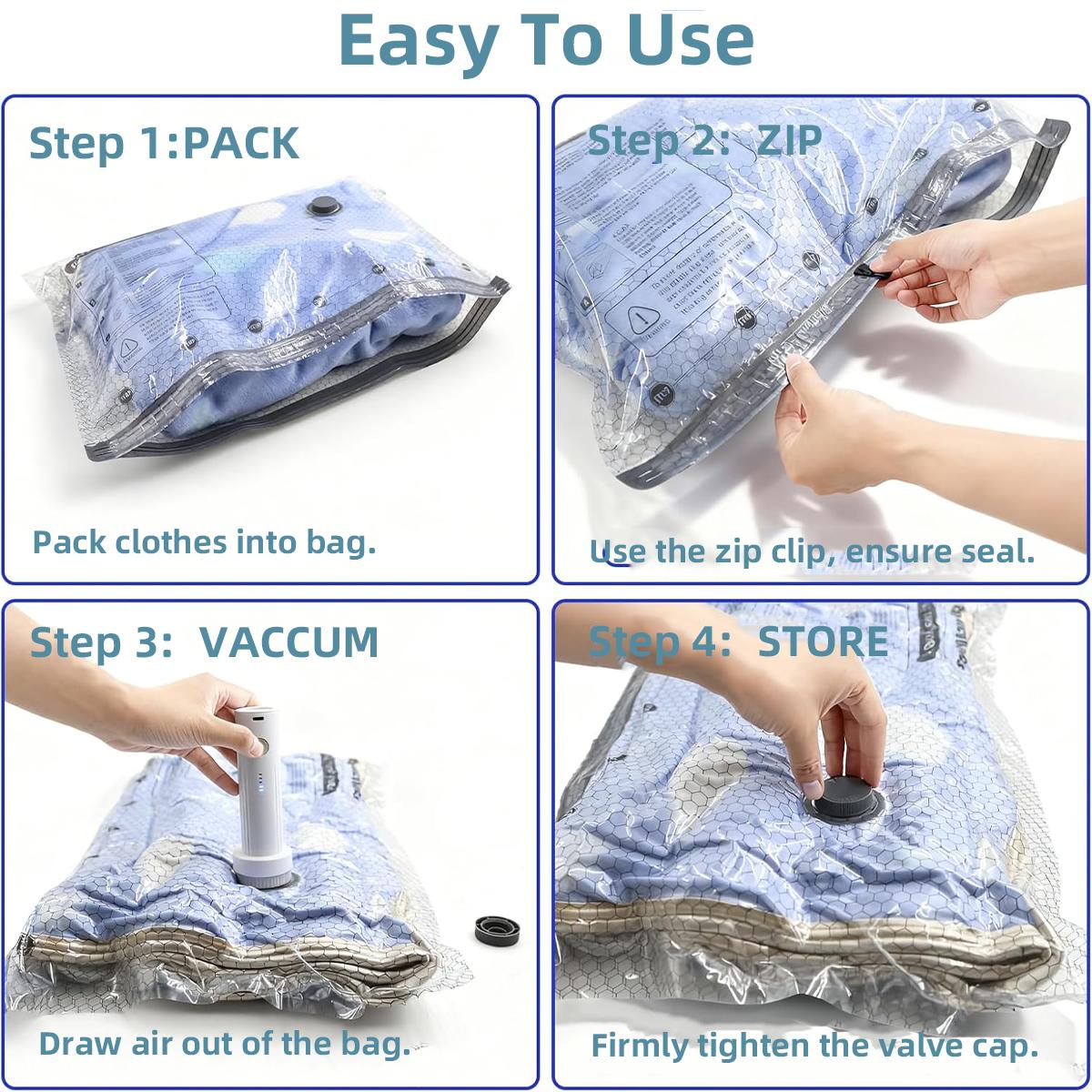 15-Pack Bulk Travel Vacuum Storage Bags - Reusable Compression Type Packing Vacuum Bags with Rechargeable Pump, Large/Medium/Small Sizes for Luggage Organization, Home Storage, Vacuum Bags For Travel, Bulk Pack