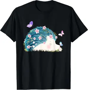 100% Cotton Hedgehog - Flowers Butterflies Nature Porcupine Lover T-Shirt