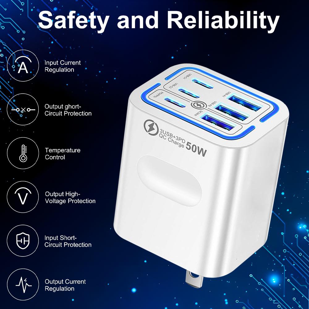 KAXOE 2pcs 50W 3 Type-C + 3 USB 6 Ports Mobile Phone Fast Charging Adapter USB Type C QC 3.0 Qiuck Charge Adapter Travel Charger Wall Charger for iPhone 17 Pro Max 16 15 14 13 12 for Samsung