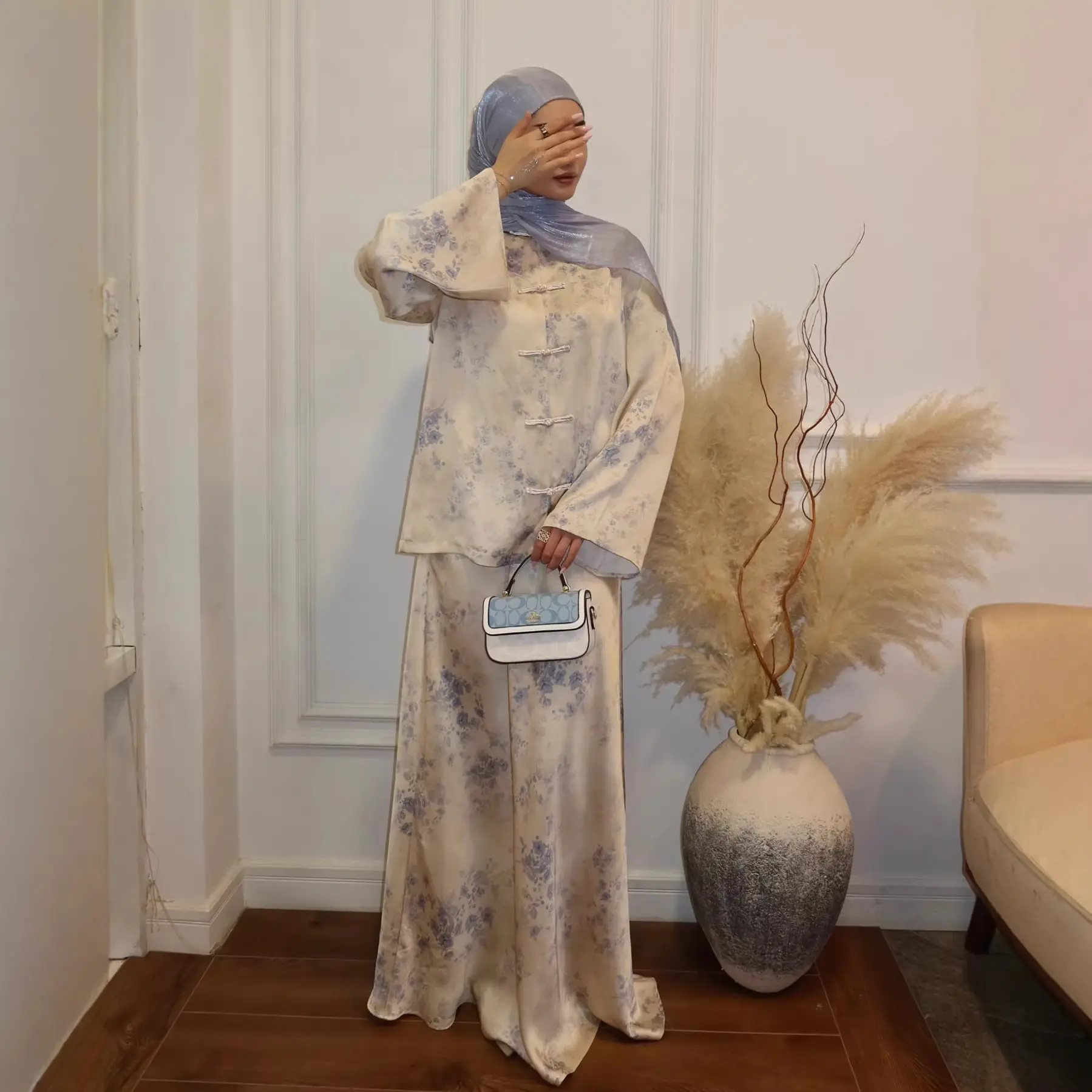 Women's Floral Print 2-Piece Outfit Set, Modest Long-Sleeve Cardigan with Wide Leg Pants, Casual Wear for All Seasons, Two Piece Set Women