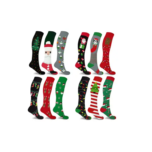 Christmas Tree Santa Reindeer Knee-High Support Socks for Travel Work & Winter Joy 3 Pair Compression Socks for Men Women Festive Circulation Collection
