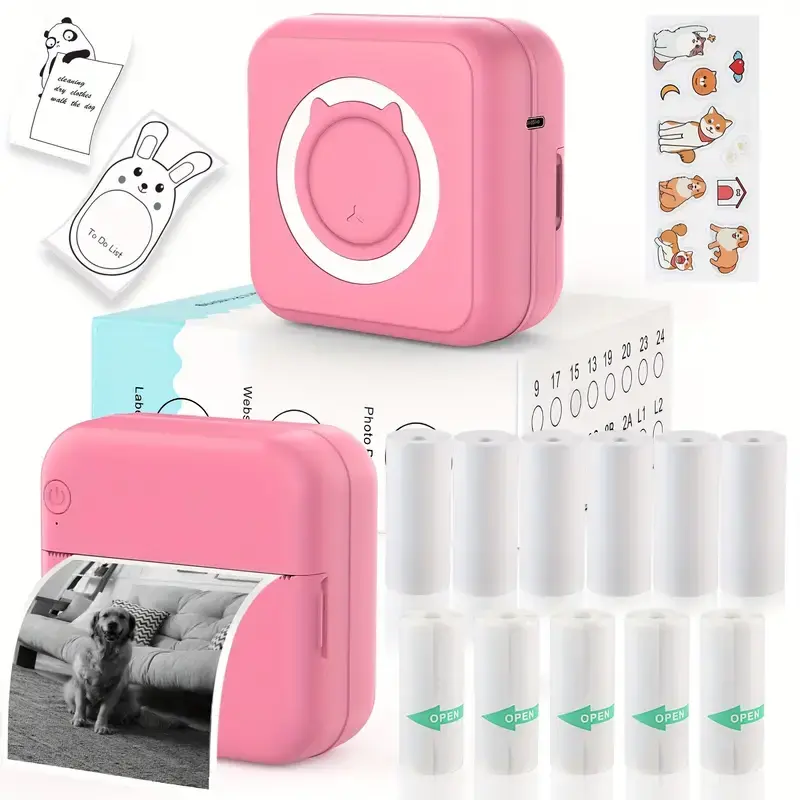 Inkless Mini Thermal Pocket Printer, Wireless Mini Sticker Printer with 10 Rolls Thermal Paper for iOS&Android, Portable Mini Photo Printer for Notes Journal Memo Photo Study,