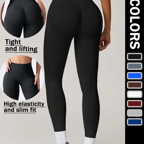 Female Tight High-Rise Butt-Lifting Seamless Athleisure Fitness Leggings - Nylon Blend Knitting, Plain, Elastic Waistband, No Front Seam, Body Contour, Breathable Quick Dry, High Elasticity & Slim Fit, Expandable Activewear, All Seasons for Gym/Running