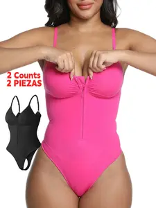 Women's Seamless Compression Shapewear Bodysuit, Front Zipper Design, Tummy Control Thong Style, All Seasons Wearable, Comfortable Fit, Underwear, Womenswear