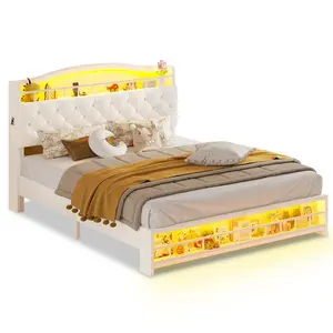Full Princess Velvet Upholstered LED Bed Frame White