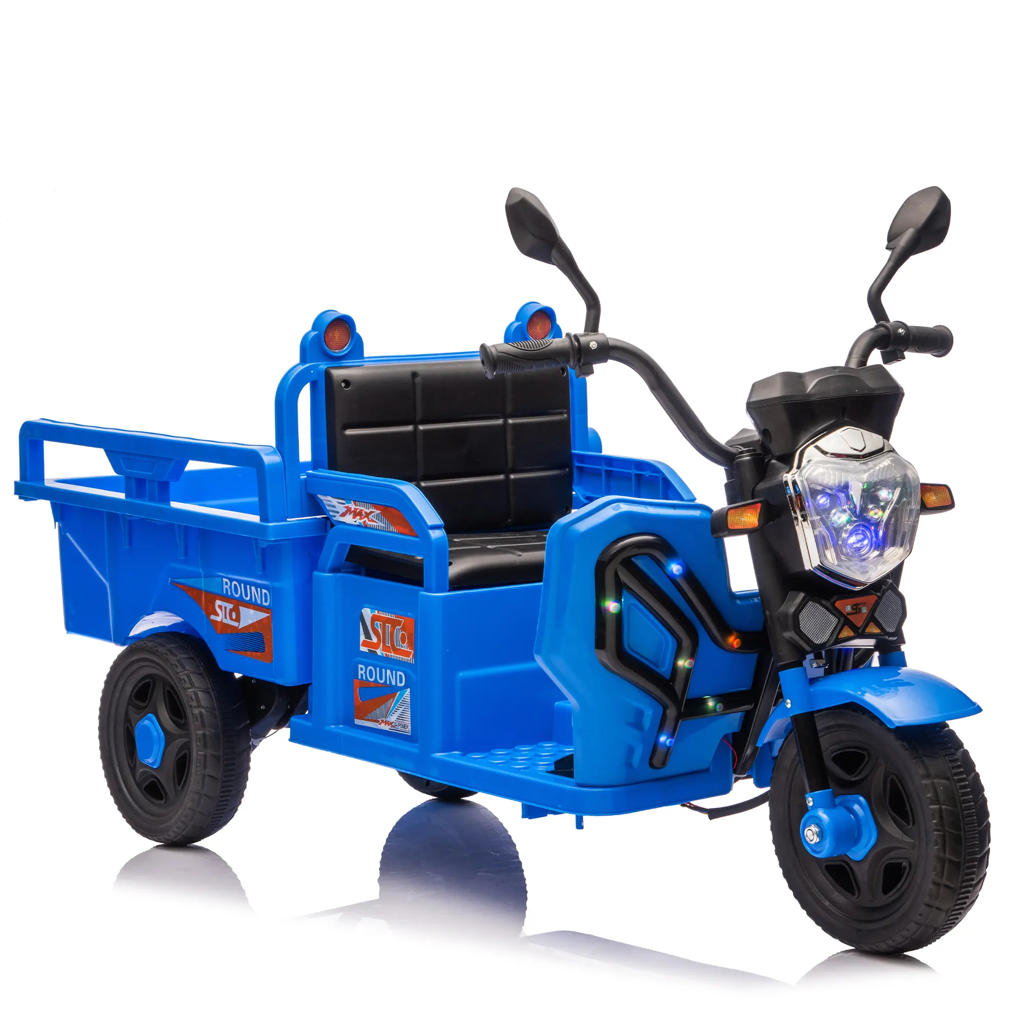 Mersco 12V Unisex 3-Wheel Rechargeable Cargo Trike Ride-On Toy Car for Children - Mersco Sports, Large Storage, LED Lights, Built-In Music, Anti-Slip Wheels, Low-Center-of-Gravity, Blue, Outdoor Play, Development, Christmas Gift