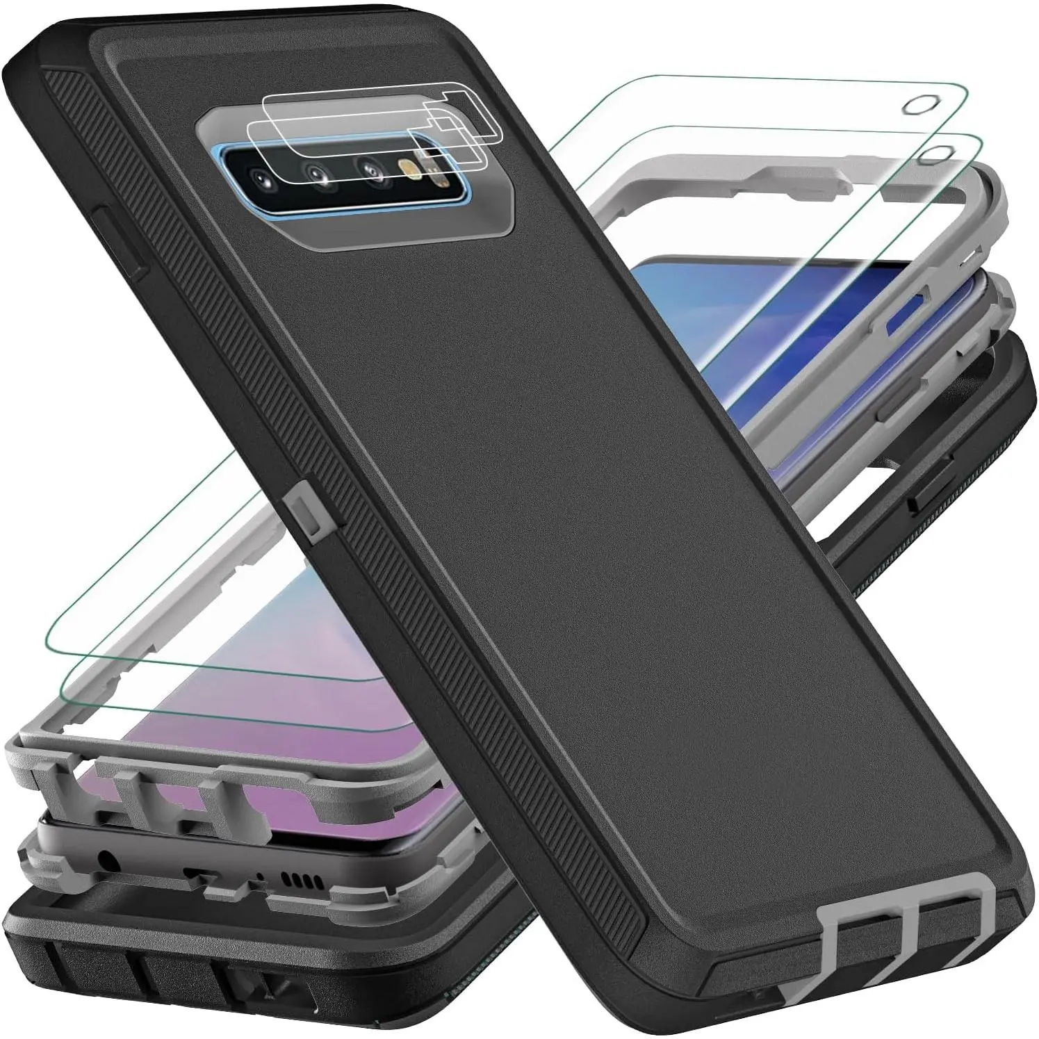 Military Grade Durable 3-in-1 Heavy Duty Smartphone Cover for Samsung Galaxy S10 6.1in, Includes 2Pcs Synthetic Self-Healing Flexible TPU Screen Protectors, Camera Lens Protector (Black/Grey)