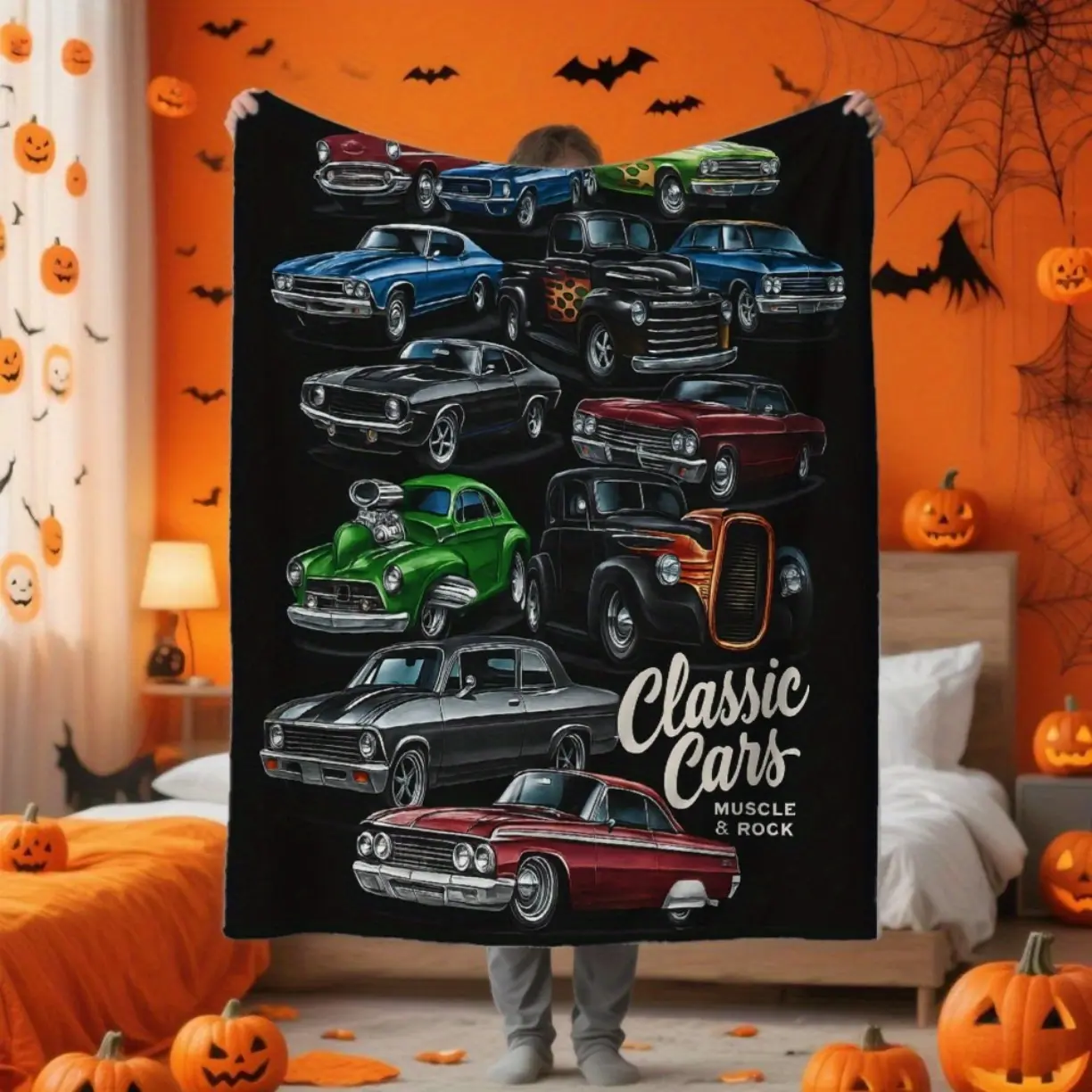 Ultra-Soft & Warm  Flannel Throw Blanket - Classic Cars Pattern with 1960s-70s Retro Muscle Cars Print, Lightweight All-Season Bedspread for Couch, Bed, Dorm - Machine Washable Cozy Gift for Car Lovers  - Vintage Automotive Design Home Decor