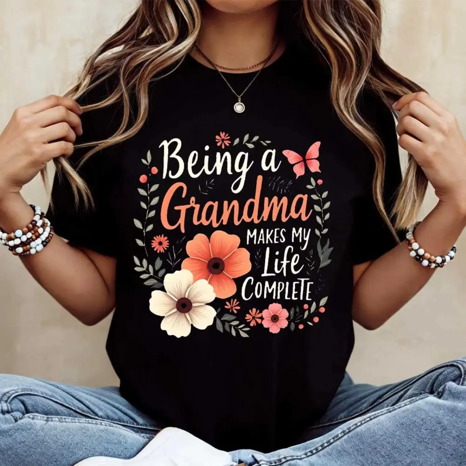 Beautiful Floral Grandma Quote Casual T Shirt for Women Mothers Day Gift Grandmother Outfit
