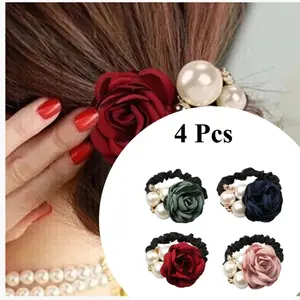 4Pcs Korean Fashion Pearl Hair Rope Rose Flower Rhinestone Hair Ties/ Jewelry Rubber Band tiktok  shop  products  full face mask gift halloween