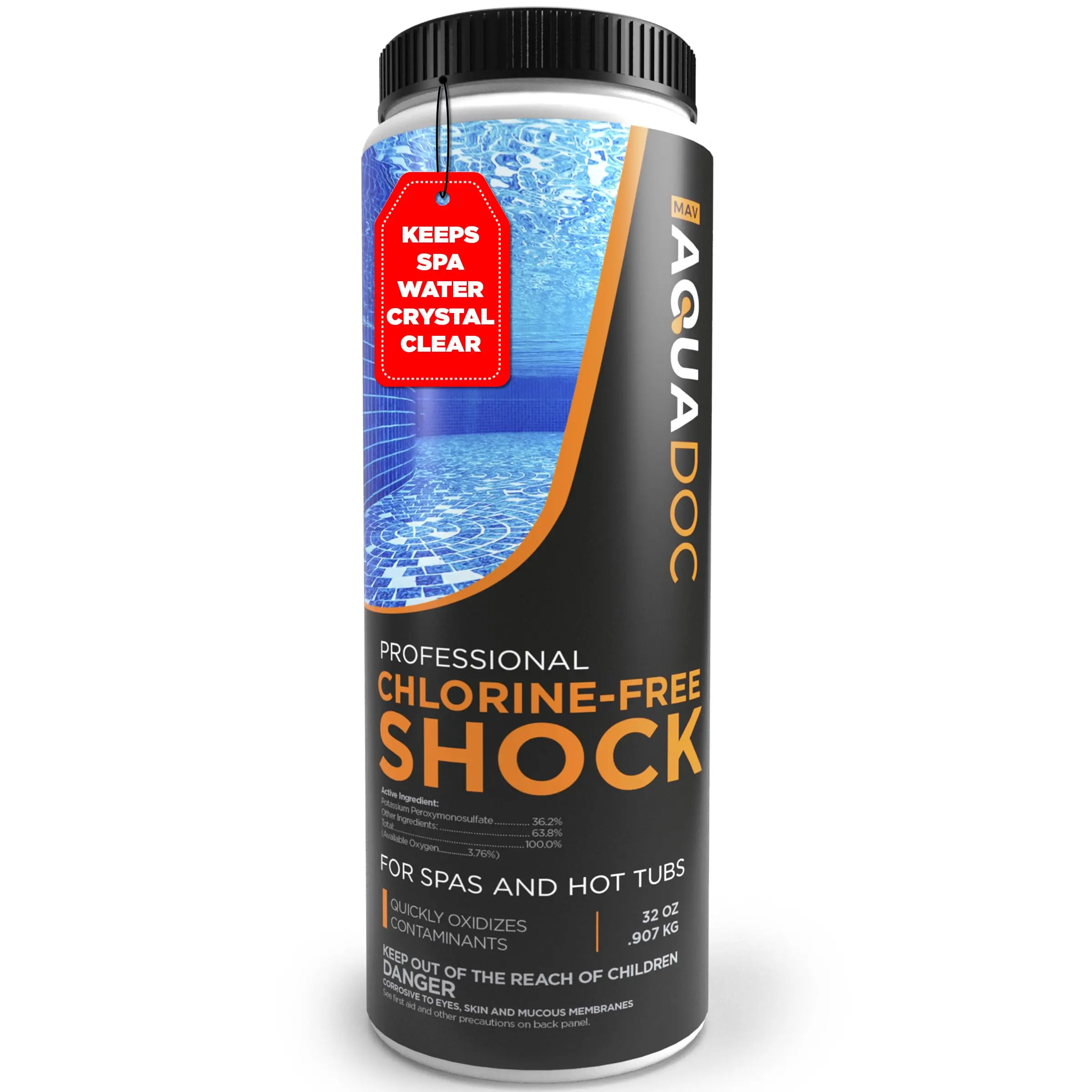 MAV AquaDoc Bromine-Enhanced Chlorine-Free Shock Treatment - Liquid Spa & Hot Tub Cleaner (Manufacturer-Made), Prevents Chloramine Build-Up, Oxidizes Contaminants Quickly, Reduces Chlorine Smell, Kills Organics