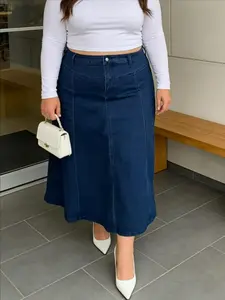 Plus Size Elastic Washable Casual Denim Long Dress for Women, New Style All Season Wear, Perfect for Dating and Daily Skirt, Bottom, Solid Color Skirt