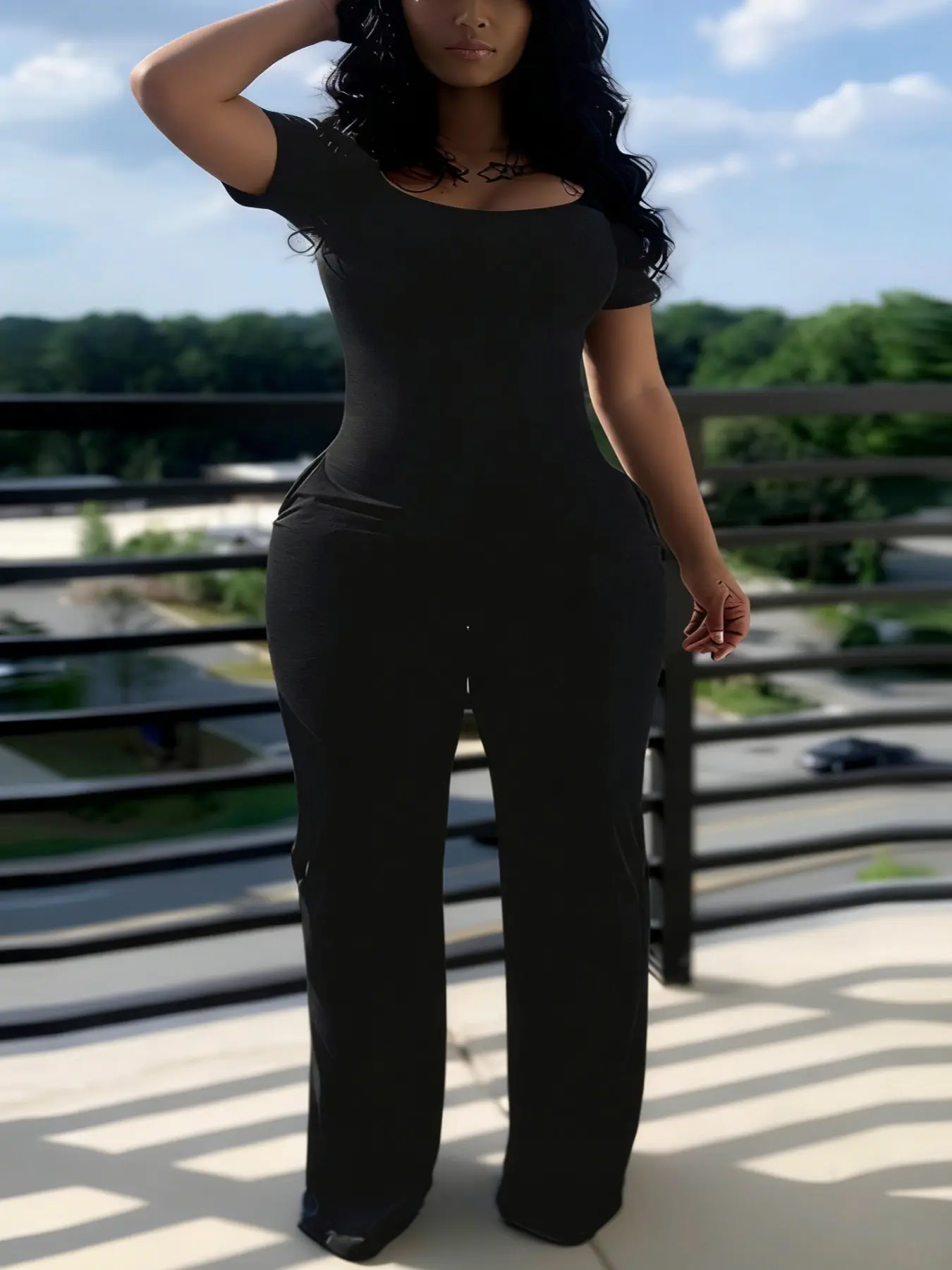Women's Plus Size Plain Low Neck Pocket Short Sleeve Casual Everyday Jumpsuit, Slim-Fitting Natural Waist Romper for Spring & Fall, Womenswear, Fit Jumpsuits