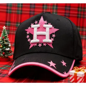 Unisex Dandy Hats x Junior Clave Ali Black Cap – Pink Star & White 'H' Logo, Red Inner Lining, Fashion Street Style Hat, Perfect for Daily Wear & Trendy Outfit Accessories!