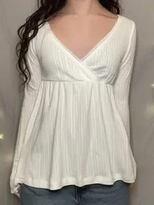 Fashionable Simple Lace Trim Cross V Neck A-Line Long Sleeve Knitted Top Blouse, Trendy Spring & Fall Casual Wear for Women