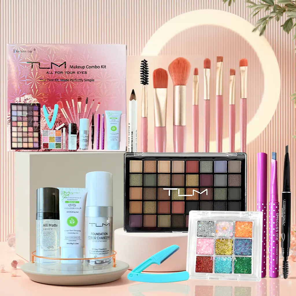 TLM Complete 18pcs Makeup Kit for Beginners & All Skin Types, 40-Color Eyeshadow Palette, Foundation, Eyebrow Pencil, Eyeliner Pen, Exfoliating Gel, Non-Toxic Cosmetics Brushes for Full Makeup Routine