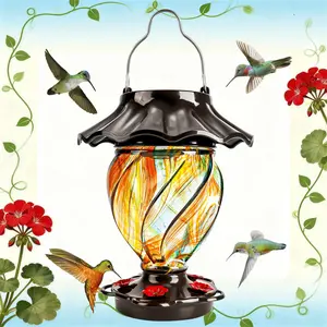 LUJII Solar Powered Color-Changing Hummingbird Feeder – Hand-Blown Glass, 35 fl.oz Leakproof Lantern, 5 Metal Perches, Ribbon, Illuminated Garden Decor, Unique Christmas & Holiday Gift for Bird Lovers