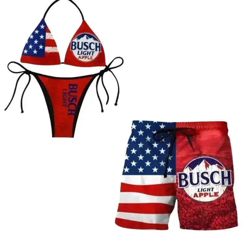 Busschh L!ght Apple American Flag Couples Swimwear Set – Bikini & Board Shorts, Beach Outfit, Perfect Summer Gift for Him & Her #Summer
