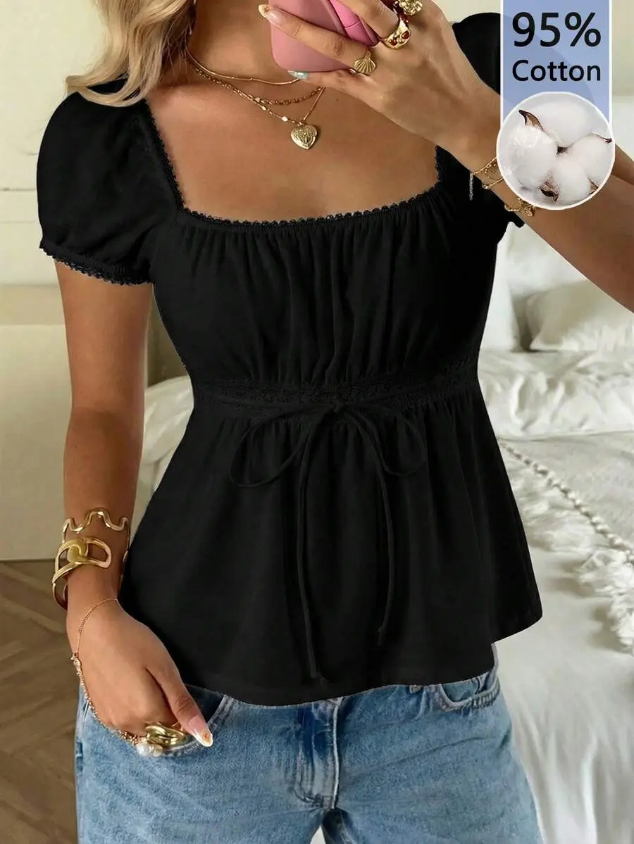 Women's Lace Summer Square Neck Puff Sleeve Tie Front Tee, Modest Vacation Y2K Retro Vintage Style Sweet Date Casual Home Wear Top