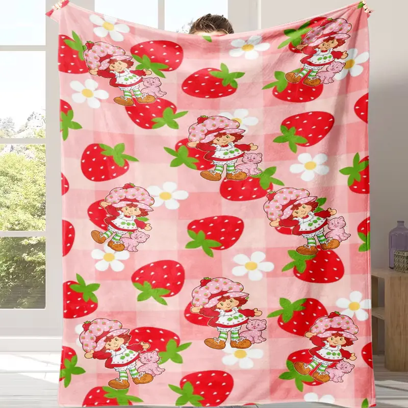 Pink Plaid Fruit Floral Flannel Throw Blanket, Cute Cartoon Girl Strawberry Daisy Print Blanket, Soft Warm Blanket for Sofa Bedroom, All Season Lightweight,Kawaii Pastel Girl Room Decor，Sweet Birthday & Holiday Gift Idea for Girls & Cartoon Lovers