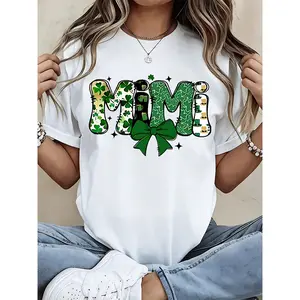 St Patrick's Day Mimi T-Shirt Black Shamrock And Bow Print For Women St Patrick's Day Celebration