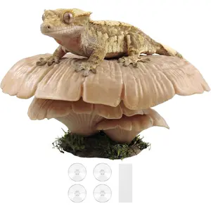 Mushroom Reptile Ledge| Tree Frog Terrarium Tank Accessories, Crested Gecko Tank Accessories, Frog Habitats, Fish Tank Decor, Axolotl Hides| Terrarium Plants Decor| Pet-Safe | 4 Suction Cups (Beige)