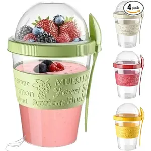 4 Pack of 20 oz Yogurt Parfait Cups with Lids and Spoons - Portable Cereal and Granola Containers for On the Go Meal Planning