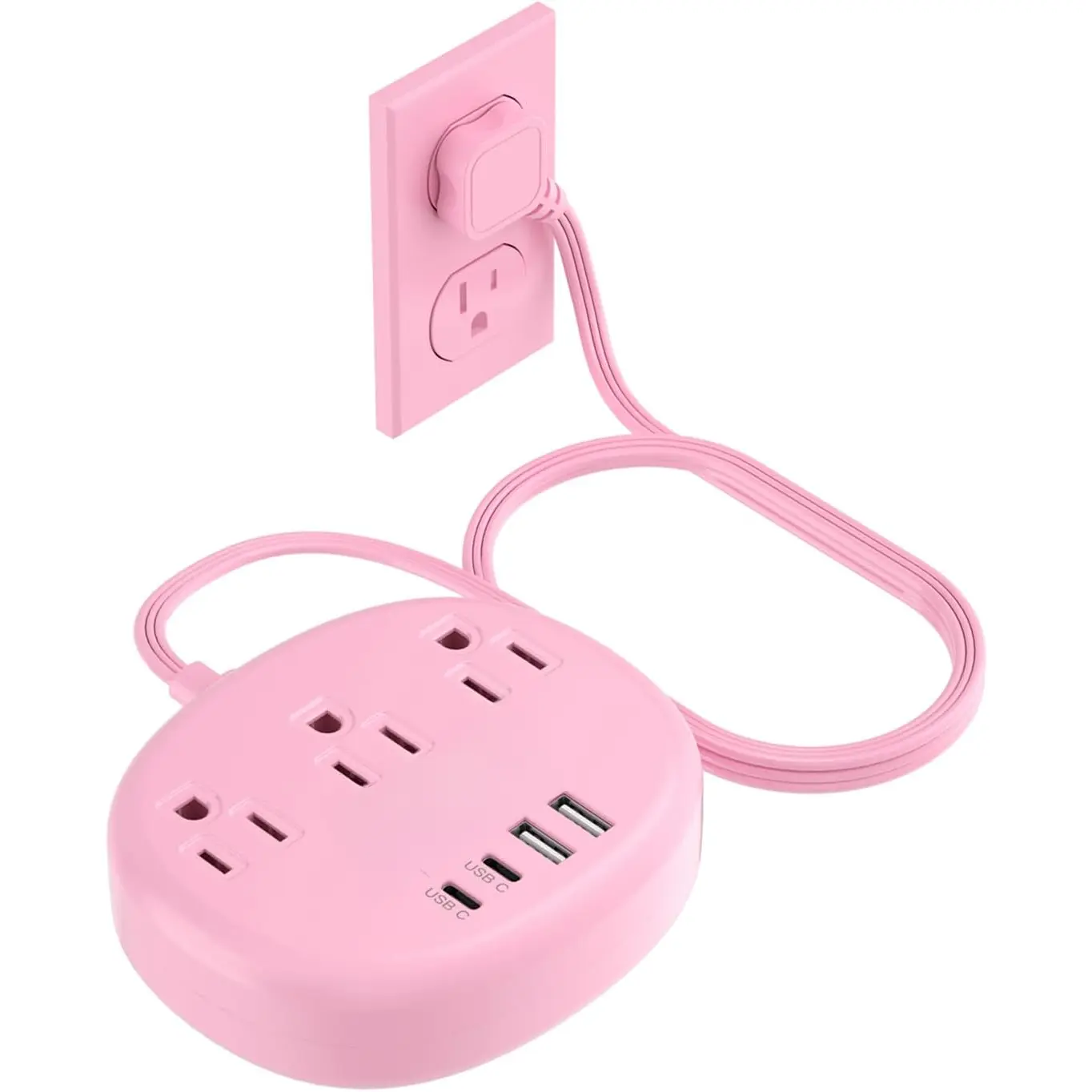Pink Extension Cord with Surge Protected 1080J - 5 FT Flat Extension Cord, 1625W Cute Extension Cord with 3 AC Outlet 4 USB (24W/4.8A), Compact for Cute Pink Kawaii Desk Home Essentials Plug Durable