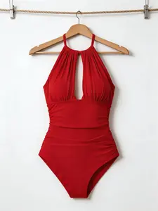 Women’s Red One Piece Swimsuit Halter Deep V Neck Tummy Control Ruched High Waisted Bathing Suit Push Up Sexy Backless Monokini Stretch Slimming Swimwear for Beach Vacation Pool Party Summer 2026 Trendy Bikini Alternative