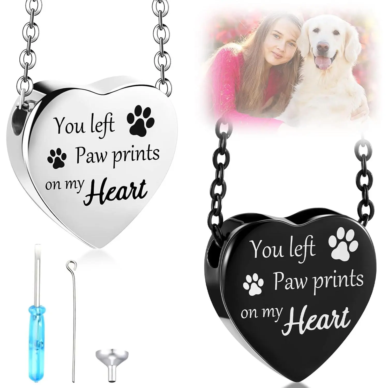 2 count Pet Cremation  for Ashes Urn Necklace with Paw Print Heart, Pet  Necklace Stainless Steel Pendant Black and  Urn Locket with Funnel Kit for   Ashes (Classic)
