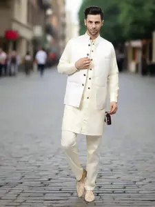 Men Cream / Off-white Plain Kurta with matching cream pants | Great social and party wear