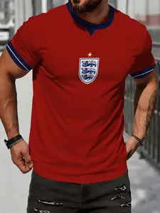 England National Team Three Lions Emblem Retro V-Neck 3D Print Short Sleeve Men's Football Fan T-Shirt, Casual All-Season Top