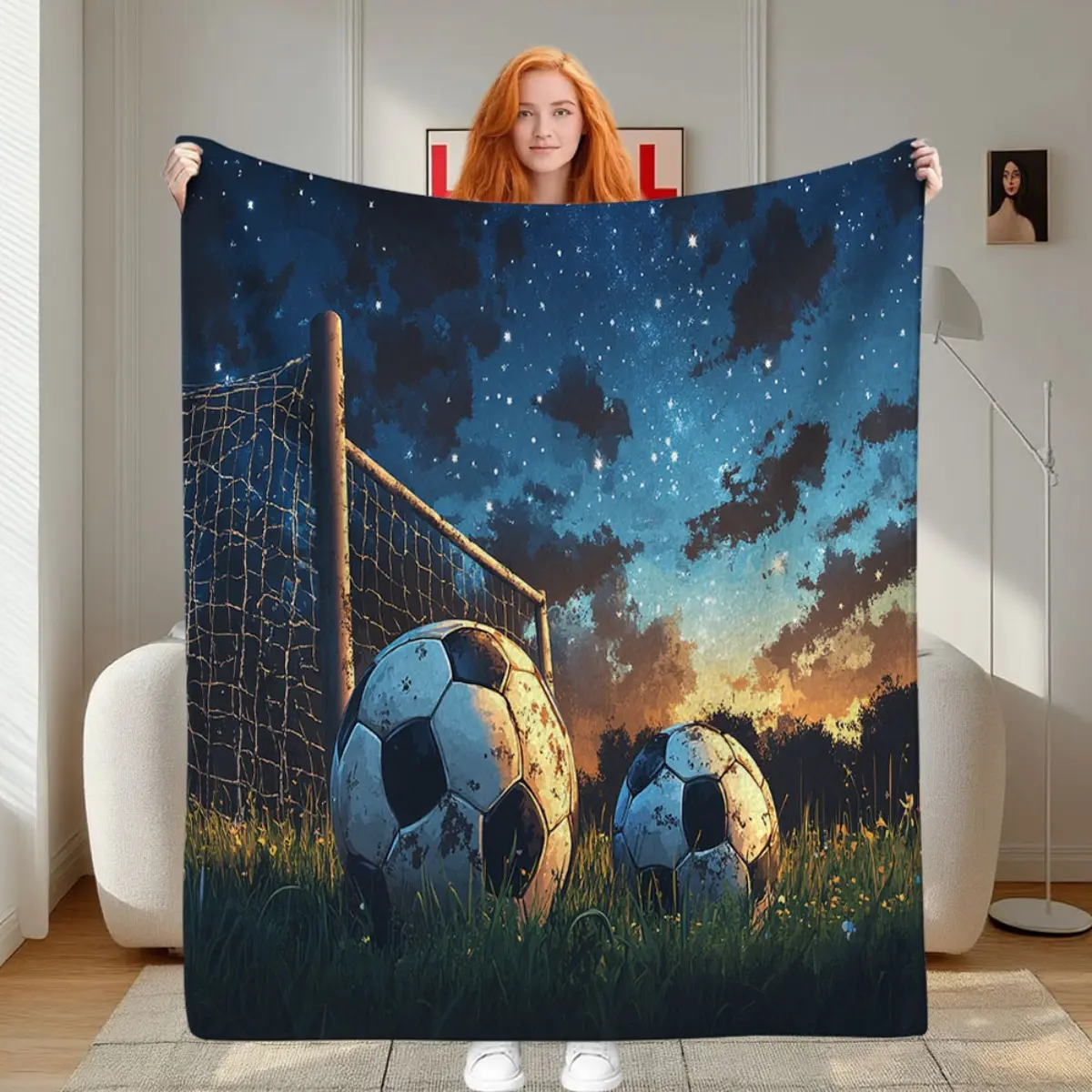 1pc Ultra-Soft Lightweight Flannel Blanket, Starry Sky Football & Goal Post Design, Glam Breathable Durable Wrinkle-Resistant Quilted Throw for Home, Travel, Machine Washable (Various Sizes)