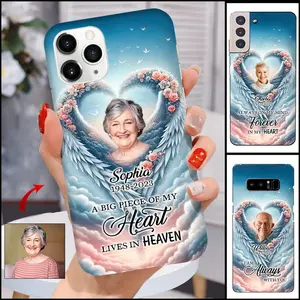 Personalized Memorial Phone Case - A Big Piece Of My Heart Lives In Heaven - Wings Heart With Rose