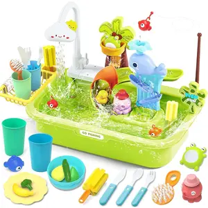 Color Changing Play Kitchen Sink Toy Set, Electric Faucet with Automatic Water Cycle System, Kids Dishwasher Fishing Pretend Play Toys, Complete Play Kitchen Accessories Kit