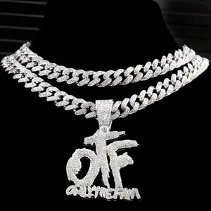 Unisex OTF Letter Pendant Necklace with Miami Ice-Inlaid Cuban Chain, Zinc Alloy Punk Rock Hip Hop Jewelry, Father’s Day Gift for Family