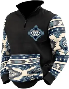 Sudadera Unisex con Cremallera 1/2, Estampado Azteca y Cuello Alto - Estilo Boho Vintage, Perfecta para Camping o Looks Casuales